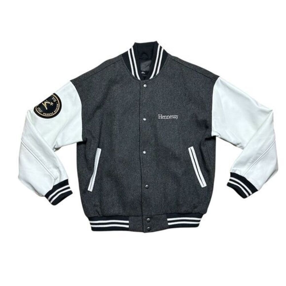 Hennessy Men's Grey Varsity Jacket Size L Employee Exclusive Wool Leather‎